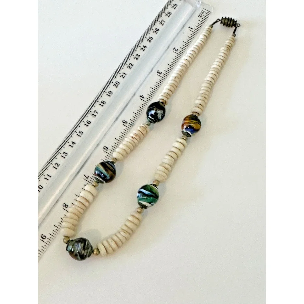 Necklace Murano Bead Swirl Multicolor‎ Off White Stones Chunky Barrel Clasp VTG
